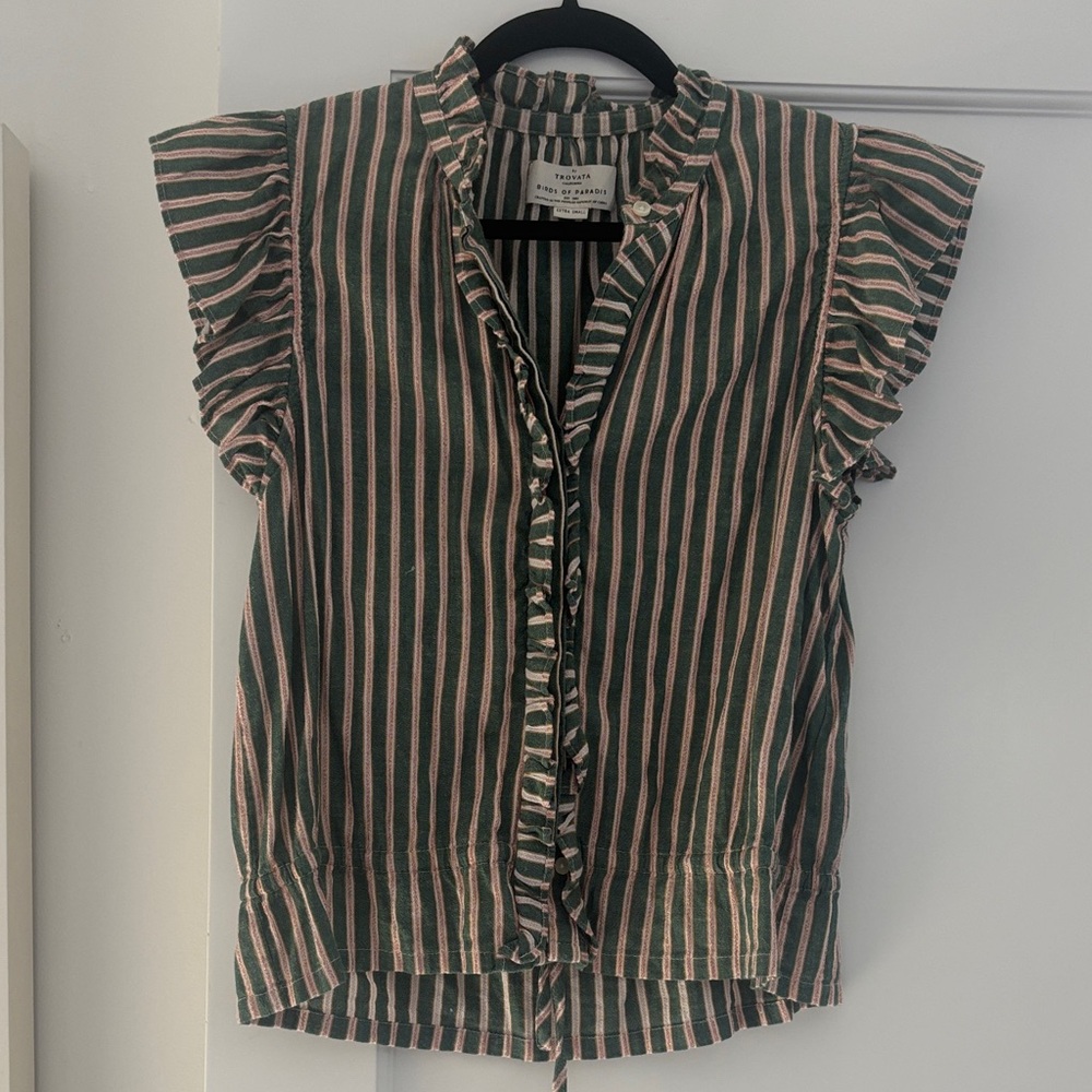 Trovata Pink and Green Striped Ruffle Blouse